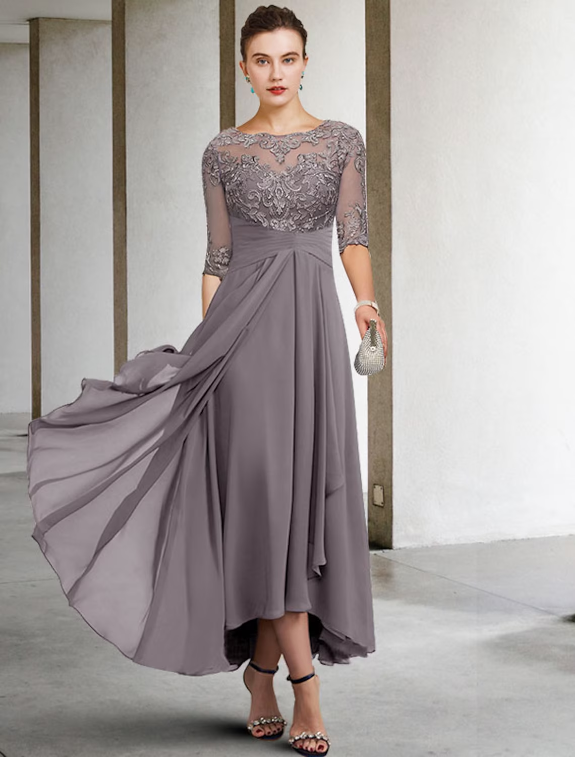A-Linien-Kleid für die Brautmutter, Übergröße, elegant, hoher und niedriger V-Ausschnitt, asymmetrisch, knöchellang, Chiffon, Spitze, halbe Ärmel mit Perlenapplikationen